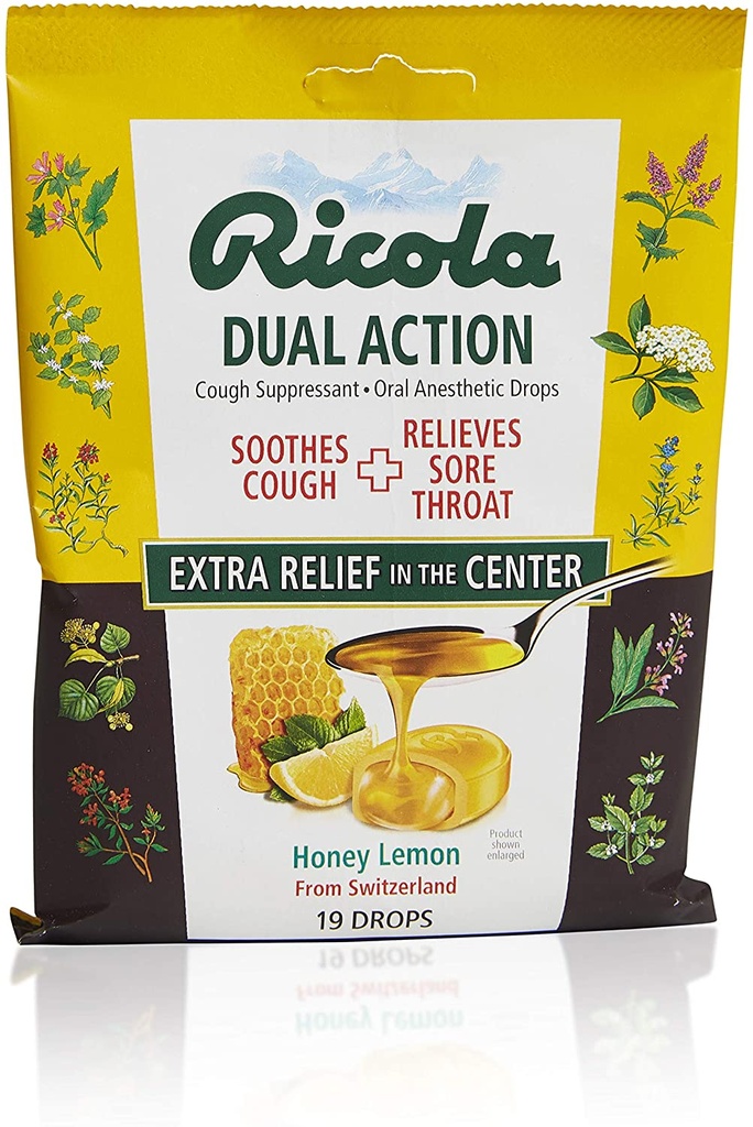 Ricola Dual Action Honey Lemon Cough And Throat Drops, 19 Count