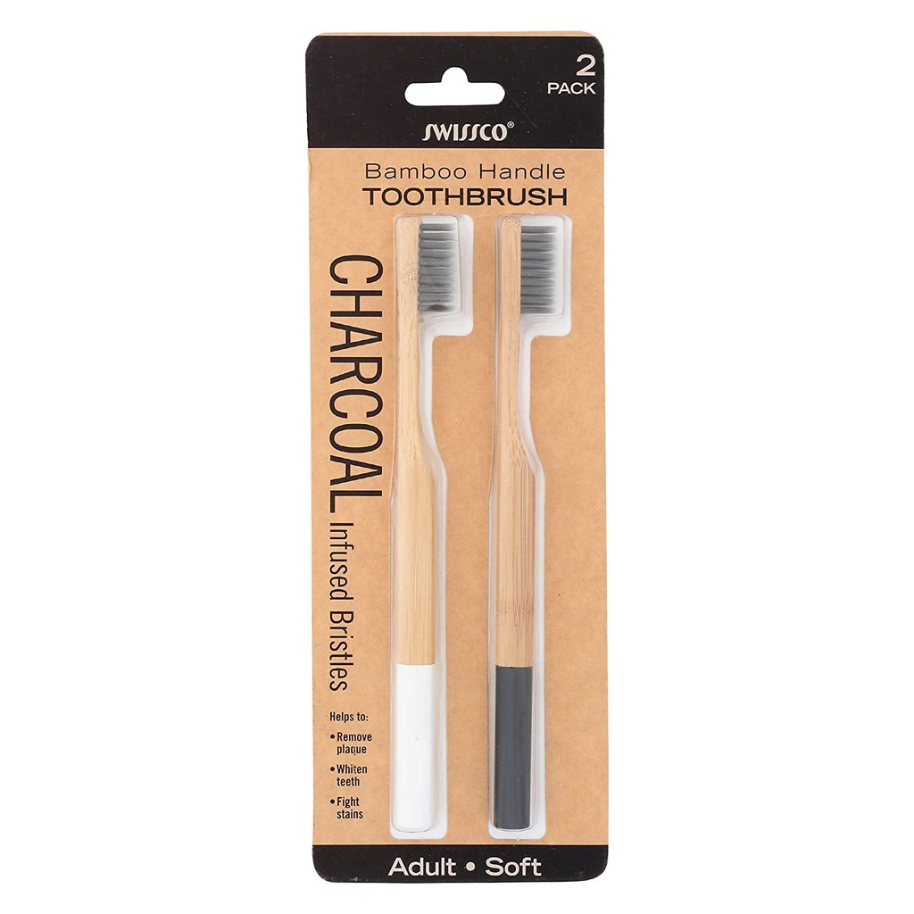 Swissco Bamboo Toothbrush With Charcoal Infused Bristles, 2 Pack, Soft